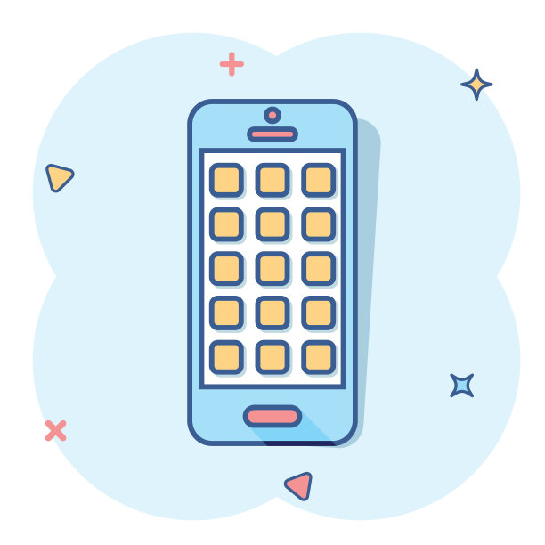 漫画风格的智能手机屏幕图标。手机卡通矢量插图在白色孤立的背景。电话飞溅效应经营理念。图片下载