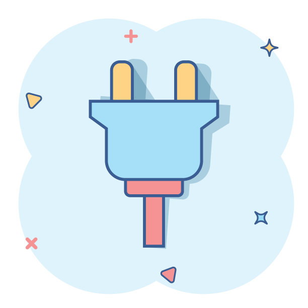 矢量卡通电插头标志图标在漫画风格。电源插头标志插图象形图。电力电缆业务飞溅效应概念。图片下载