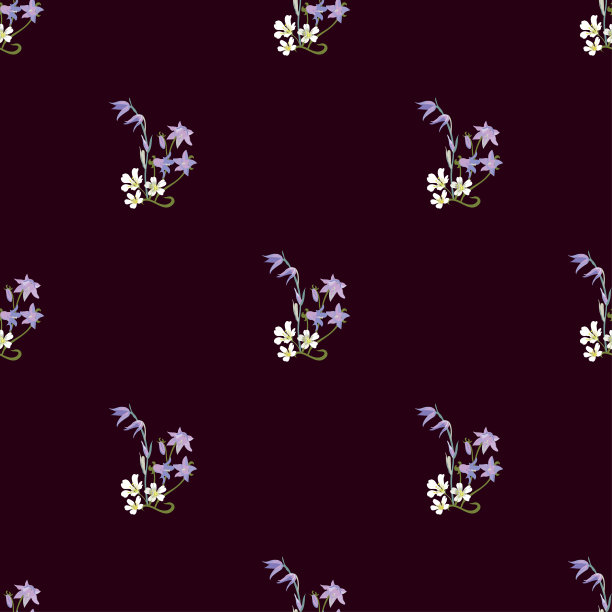 矢量无缝可爱的花卉图案与花束的小花朵在黑暗的紫红色背景。图片下载