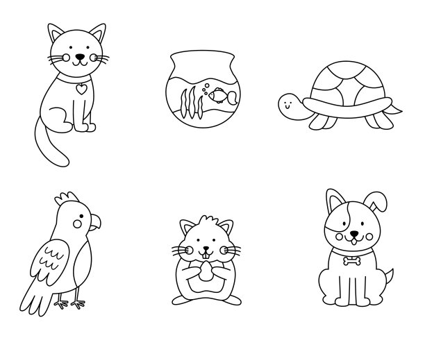 一套可爱的宠物在卡通风格。儿童涂色页面。图片下载