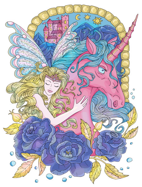 彩色幻想插图手绘美丽的仙女或公主和神奇的独角兽马图片下载