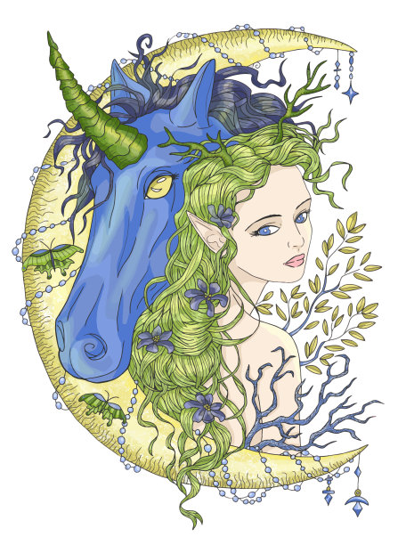 彩色幻想插图手绘美丽的仙女或公主和神奇的独角兽马图片下载
