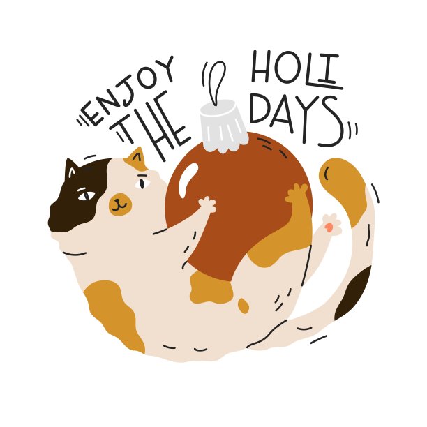 这只猫正在玩一个玻璃球。圣诞装饰品。享受假期。新年贴纸和有趣的猫。节日派对的贺卡。平面风格的矢量插图。孤立的对象。图片下载