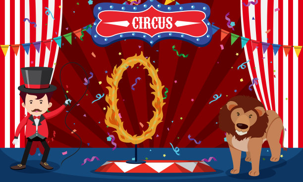 舞台上有带火环的狮子表演图片下载