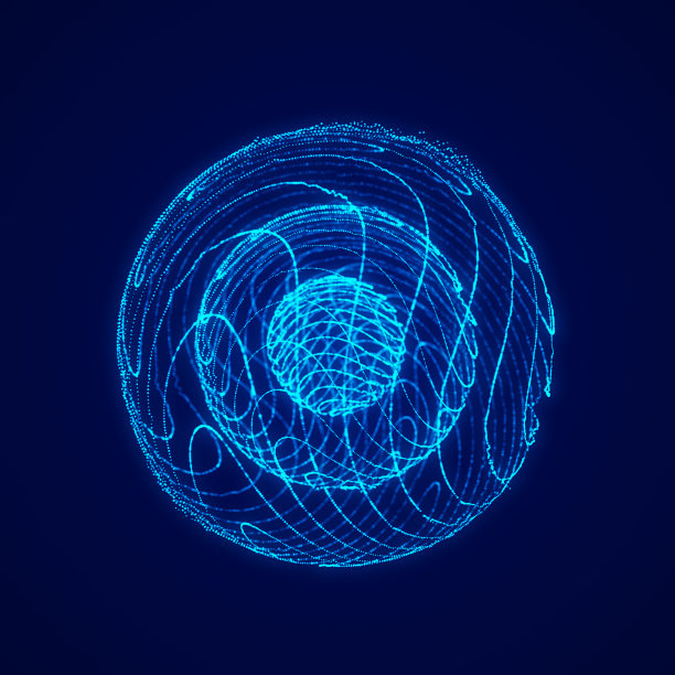 蓝色背景上粒子的曲线球。扭曲的线条。全球网络连接。未来的技术风格。3 d渲染。图片下载