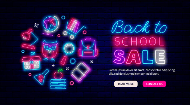 回校销售霓虹灯促销模板。带有图标的圆形布局。特殊报价的概念。向量股票插图图片下载