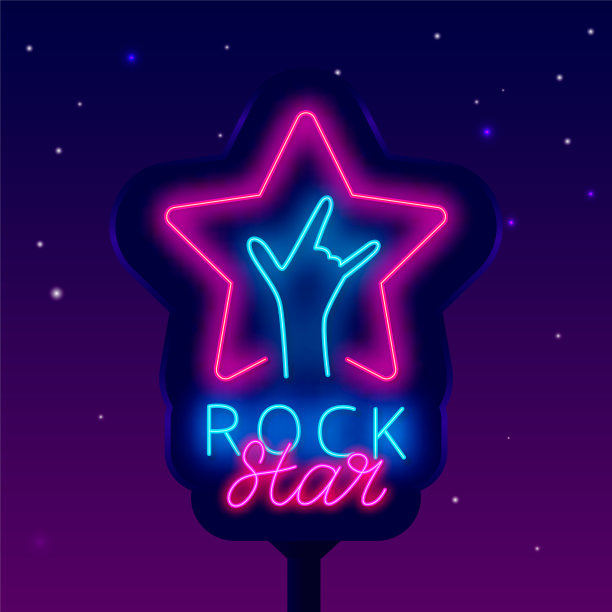 摇滚明星霓虹灯街广告牌。星形和人的手。选秀节目。金属摇滚音乐。向量股票插图图片下载