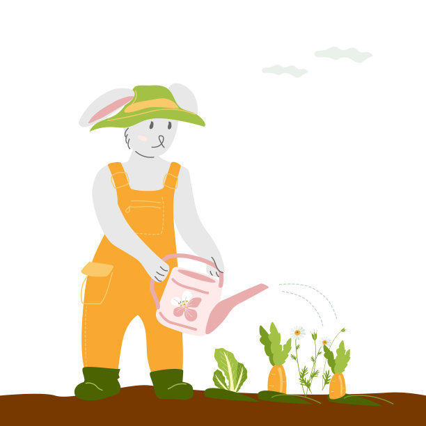 野兔园丁在花园里浇蔬菜图片下载