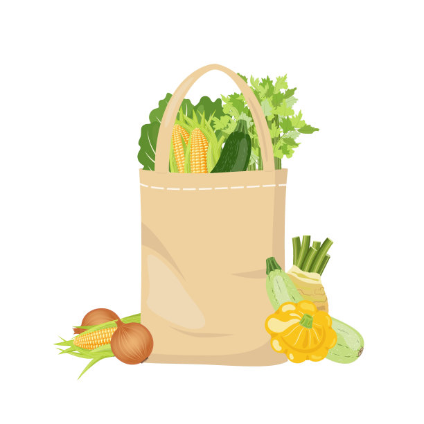 纺织亚麻购物袋农贸市场蔬菜:芹菜，生菜，玉米，西葫芦，洋葱。可重复使用的可回收塑料免费购物者，矢量插图在白色背景图片下载