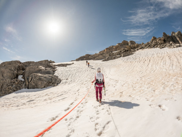 一群登山运动员在冰川上行走图片下载