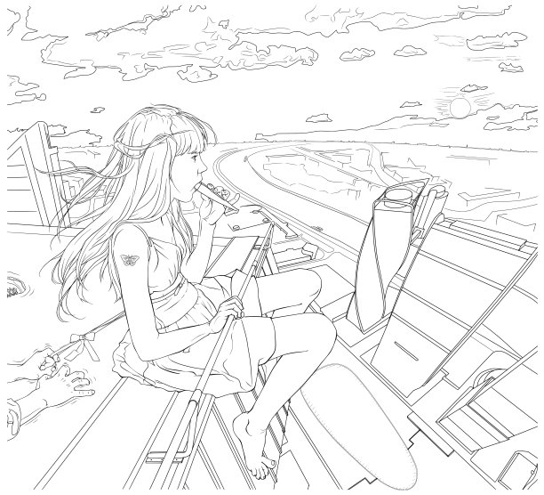 涂色页线画，少女少年高高坐在屋顶上图片下载