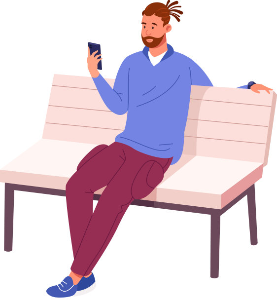 小安用智能手机坐在长椅上都市图片下载