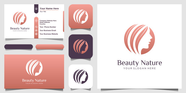 美丽女人发廊与自然概念标志和名片设计。图片下载