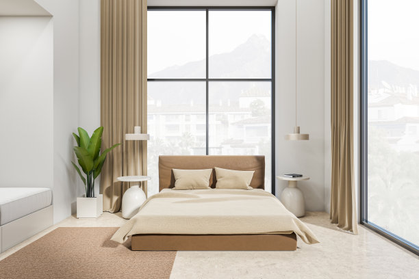 明亮的卧室内部，有靠近全景窗的床和床头柜图片下载