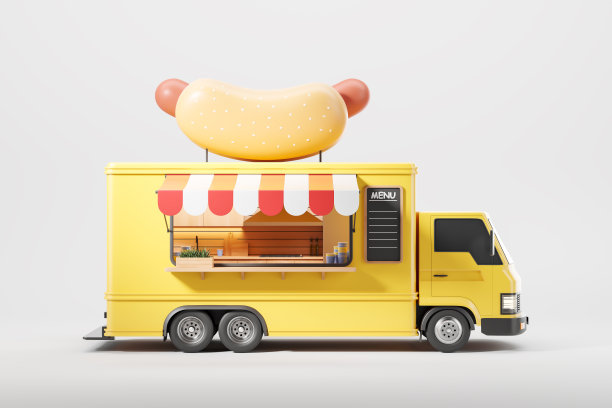 带厨房的黄色餐车，热狗。孤立在灰色背景上图片下载