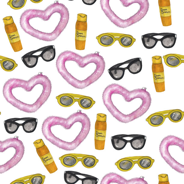 水彩手绘游泳池物体，太阳镜，橡胶圈，防晒霜，孤立的背景图片下载