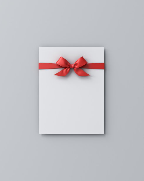空白白纸与红色丝带蝴蝶结或礼品券孤立在灰色背景与阴影最小概念3D渲染图片下载