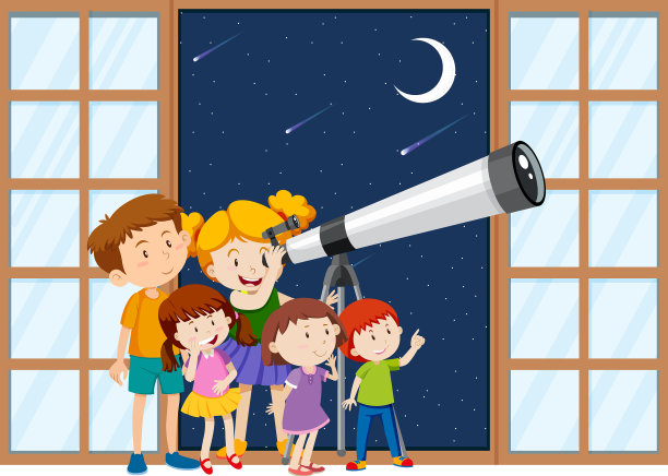 孩子们用望远镜观察夜空图片下载