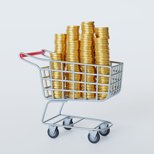 购物车装满了硬币。购物成本概念。逼真的3d渲染插图。在白色背景的购物车里找到了现金硬币。图片下载