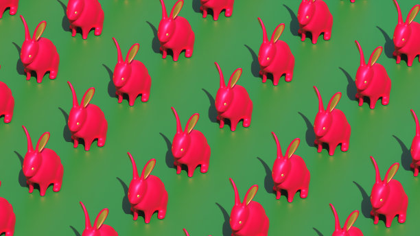 Сolorful兔子模式。纹理彩色兔子在绿色的背景。圣诞创意印刷假日贺卡横幅，礼物包装纸。3 d渲染插图。8 k大小图片下载