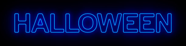 蓝色霓虹灯万圣节在黑暗的背景。三维演示图片下载