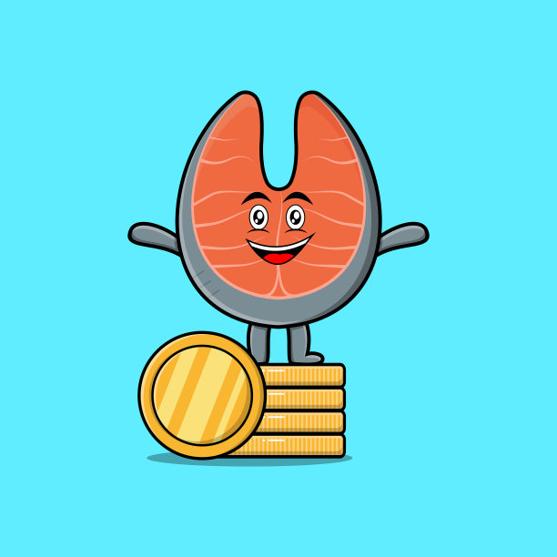 卡通新鲜鲑鱼站在堆叠的金币图片下载
