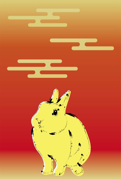 贺岁卡插图，手绘兔子，红色日式渐变/插图材料(矢量插图)图片下载