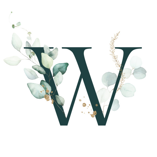 水彩金绿花字母字母标志-大写W与白色金绿植物花枝花束组成。图片下载