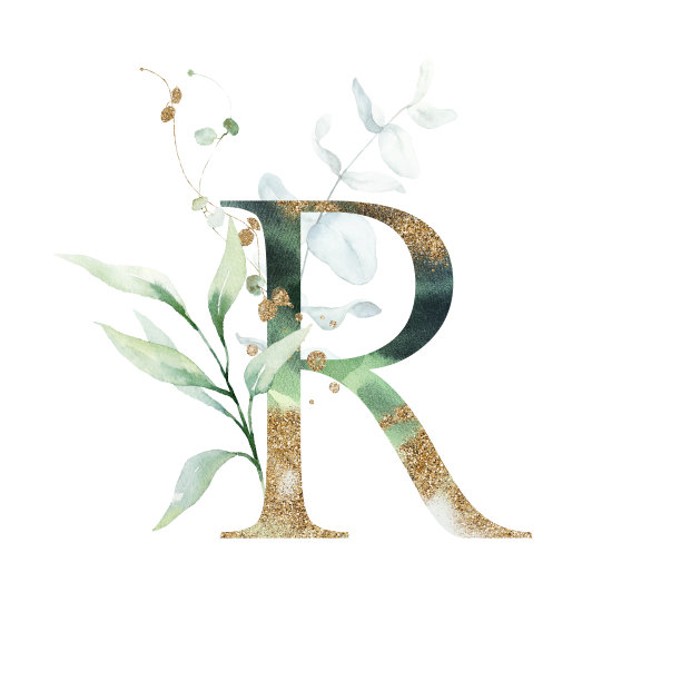 水彩金绿花字母字母符号大写R与白色金绿植物花枝花束组成。图片下载