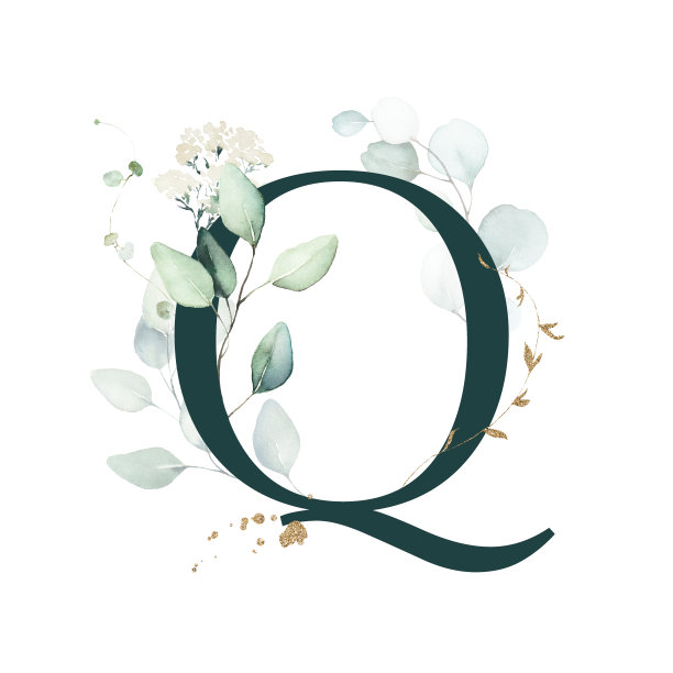 水彩金绿花字母字母标志-大写Q与白色金绿植物花枝花束组成。图片下载