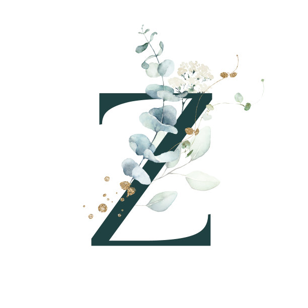 水彩金绿花字母字母标志-大写Z与白色金绿植物花枝花束组成。图片下载