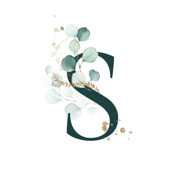 水彩金绿花字母字母符号大写S与白色金绿植物花枝花束组成。图片下载