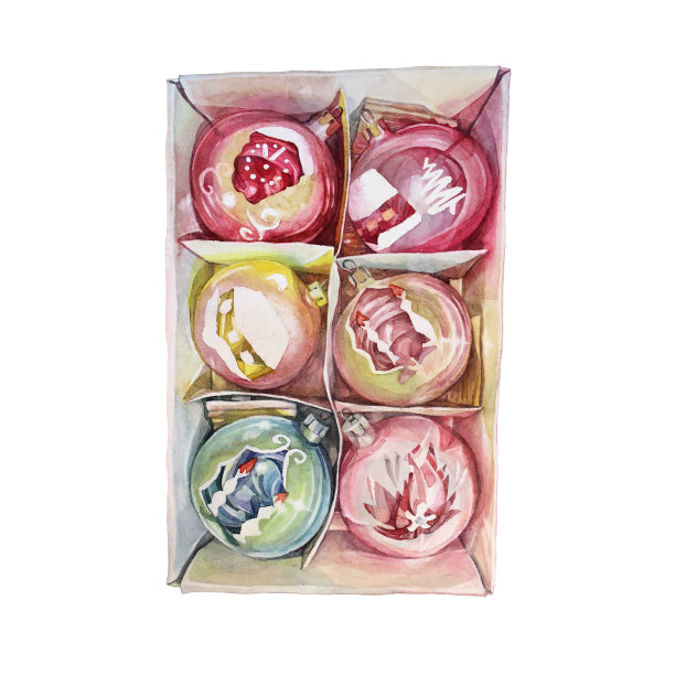 水彩盒与圣诞玩具孤立在白色背景。手绘新年庆祝礼物树。红、绿、黄、金、银球。创意剪贴画卡片或墙纸，包装图片下载