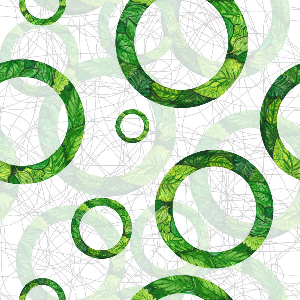水彩图案绿色几何，与叶在白色背景为您无缝设计，手绘插图图片下载