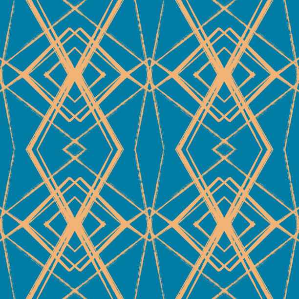 插图无缝图案绘制的橙色对角格重复图案与粗糙的腮红，在蓝色的背景时装面料纺织品，服装，墙纸，包装纸图片下载