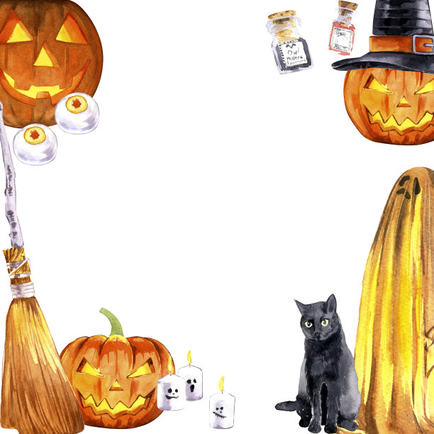 万圣节水彩装饰框架。手淹没插图图片下载