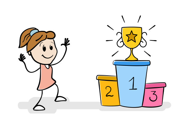 卡通棒女孩庆祝胜利。金杯胜利奖状站在冠军领奖台上。首位。赢得冠军。棍子女很高兴，得了奖。成功与事业的经营理念。图片下载