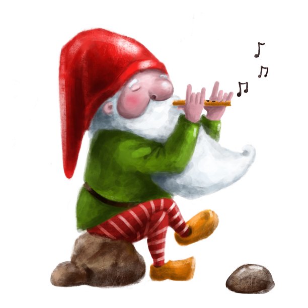 有趣的小矮人在吹笛子，手绘插图图片下载