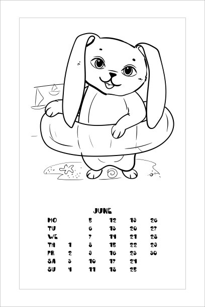 沙滩上的兔子。游泳用的充气圈。夏天娱乐。儿童填色书。矢量插图孤立在白色背景上。6月日历,。图片下载