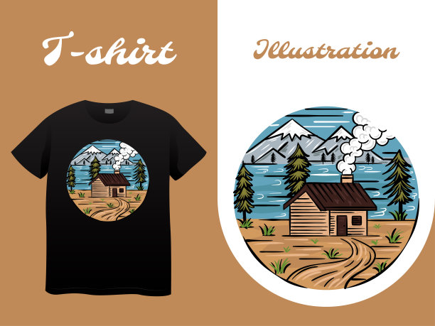湖畔木屋手绘插画图片下载