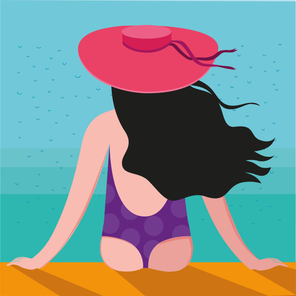 一个穿着泳装的女人坐在那里，背对着观众，看着大海图片下载