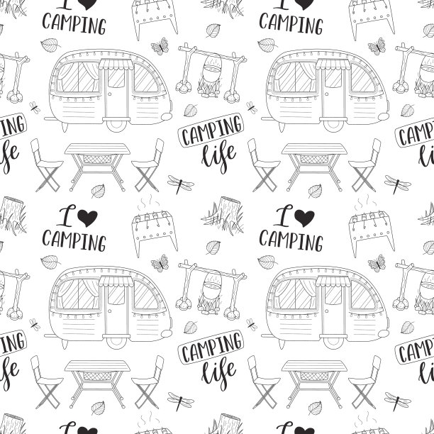 野营无缝模式。旅行背景与手绘大纲远足元素和文字。涂鸦背景为网站，旗帜，封面，纺织品，包装设计。白色矢量插图图片下载