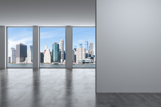 纽约市下城曼哈顿天际线建筑。高地板窗口。模拟了墙。房地产。空房间内部摩天大楼查看城市景观。金融区。一天。3 d渲染。图片下载