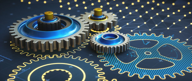 特写一幅蓝色条纹齿轮机构的抽象工程蓝图，背景中是真实的金属齿轮。图片下载