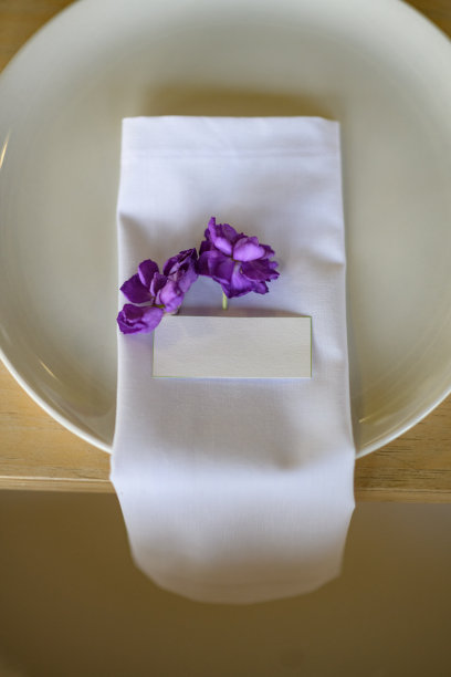 餐巾纸，盘子上有花的空姓名标签图片下载