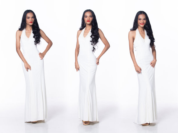 全长残疾人没有手指拇指手青年成年女子站自信和快乐，白色背景孤立。亚洲女性微笑开朗，身穿白色晚礼服，礼服长头发图片下载