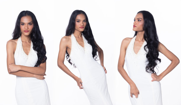 半身残疾人没有手指拇指手年轻成年女子站自信和快乐，白色背景孤立。亚洲女性微笑开朗，身穿白色晚礼服，礼服长头发图片下载