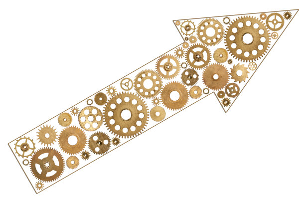 白色背景上指针形状的金属齿轮图片下载