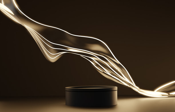 3D展示平台黑色背景。豪华飞行发光布在运动。黑美人台座，化妆品产品展示模型。霓虹灯，空模板，工作室3d渲染广告图片下载