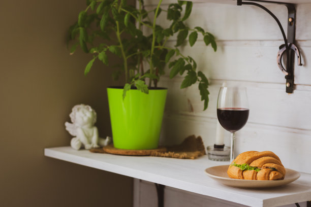 一杯红酒，三明治和家里的植物在货架上。午餐的概念。酒精饮料配牛角面包放松的时间。生活背景。吃晚饭的时间了。食物和饮料。家庭内部。图片下载